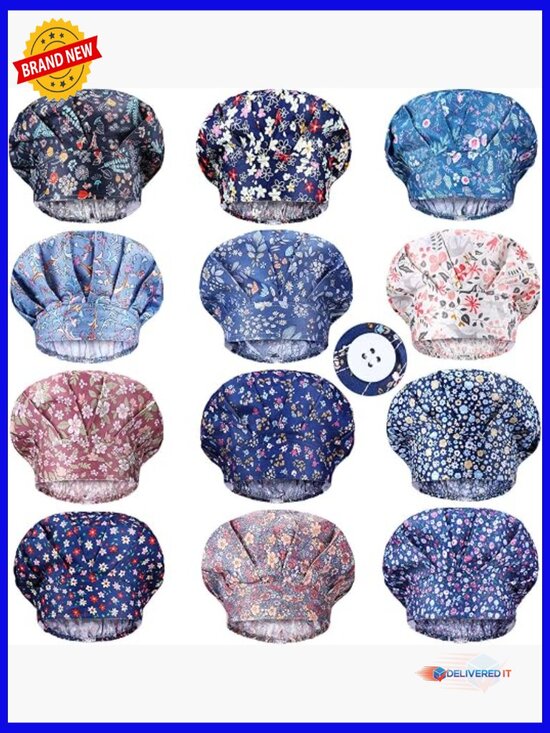 12 Bouffant Caps Adjustable Nurse Hats with Buttons Sweatband Printed